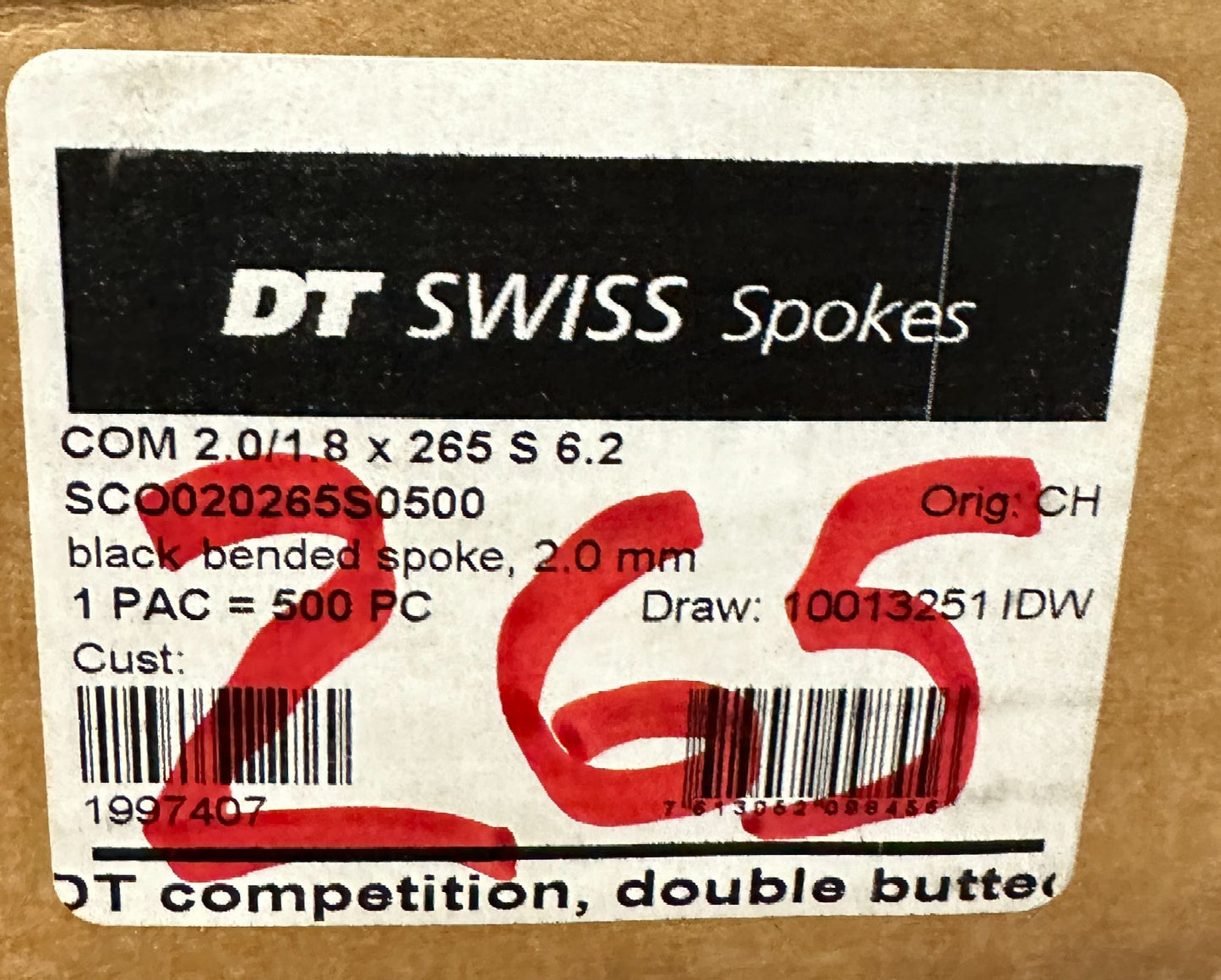 DT SWISS COMPETITION Spokes Black J-bend 2.0/1.8mm 14/15/14 DB 265mm 20/Count