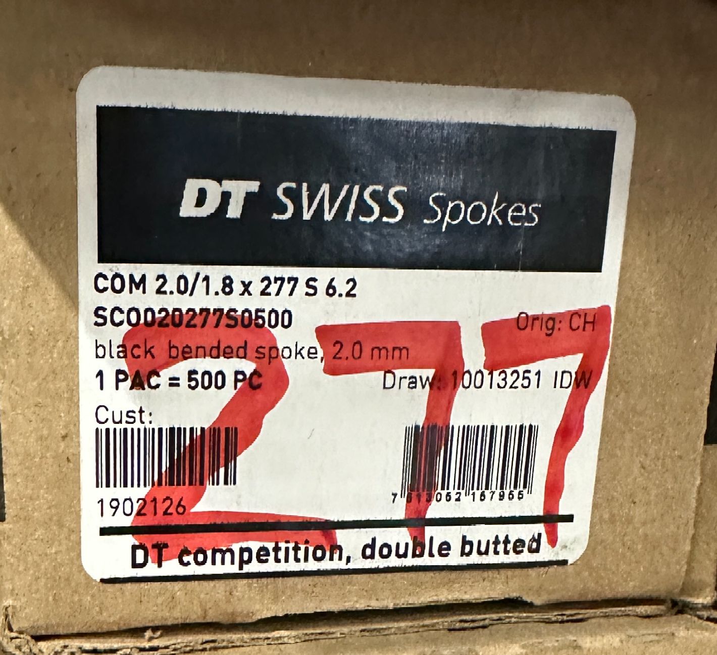 DT SWISS COMPETITION Spokes Black J-bend 2.0/1.8mm 14/15/14 DB 277mm 20/Count