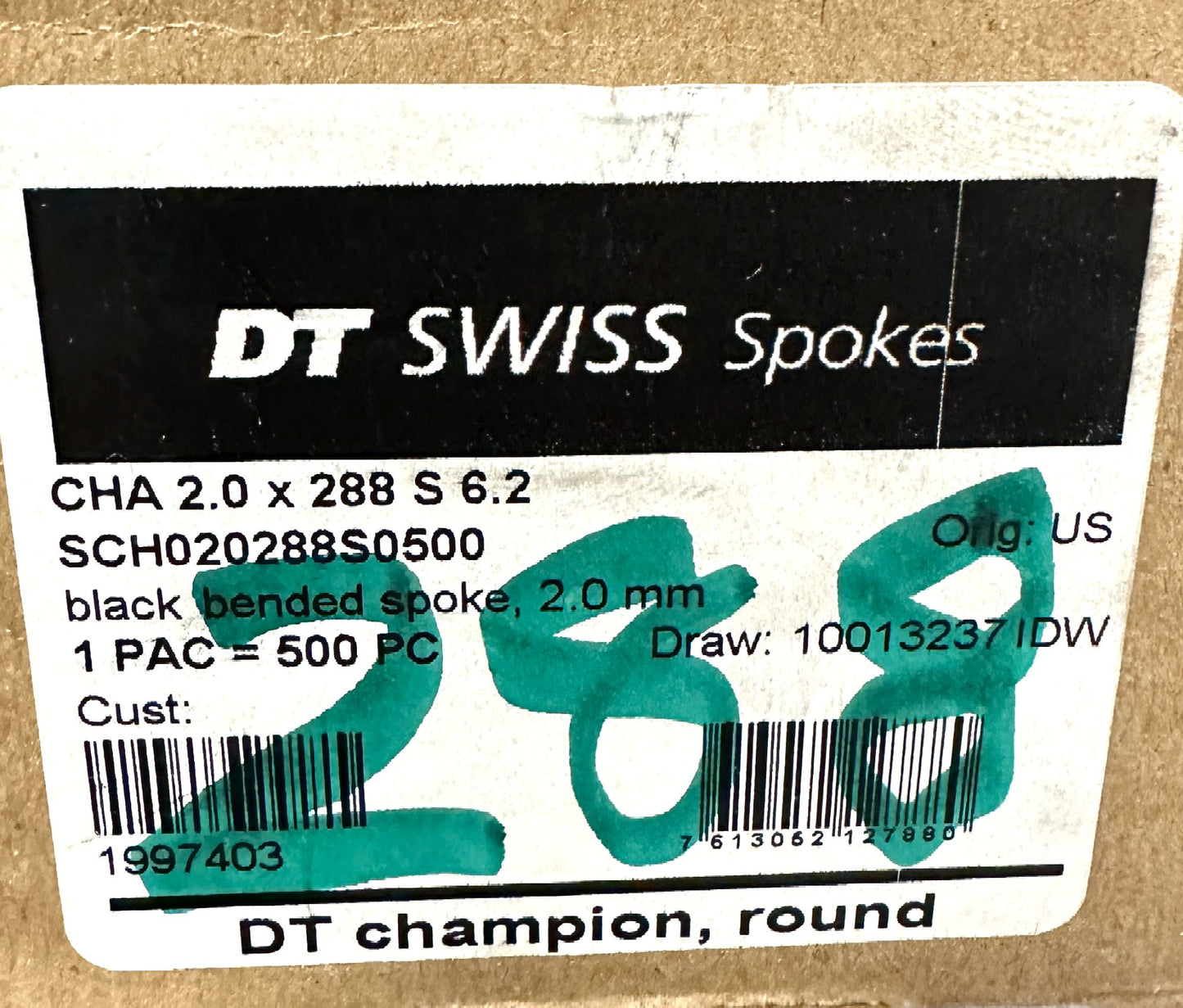 DT SWISS Champion Round Black Spokes Black J-bend 2.0 mm 288mm 100/Count Bulk