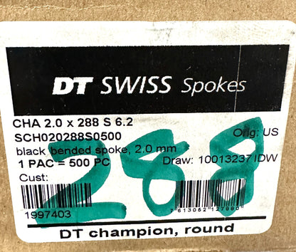 DT SWISS Champion Round Black Spokes Black J-bend 2.0 mm 288mm 100/Count Bulk