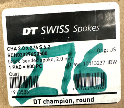 DT SWISS Champion Round Black Spokes Black J-bend 2.0 mm 276mm 100/Count Bulk