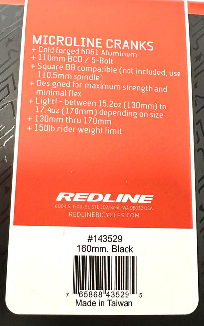 BMX Redline Microline Square Taper Crank Arms Black 160mm 5 Bolt 110 mm New